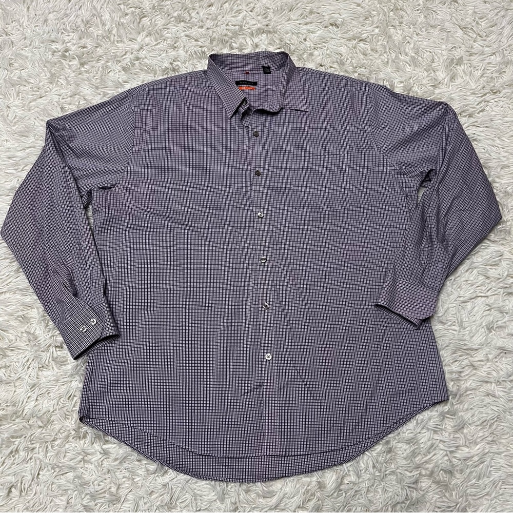 Van Heusen Button Up Long Sleeve Shirt Mens Size XL 17-17.5 Purple Gray Checks